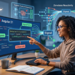 A high-tech workspace showing a female software engineer interacting with a large monitor displaying Angular 21 code. The screen highlights "Signals-first architecture," "Signal Forms," and "Zoneless Reactivity" with vibrant, glowing data flow visualizations.