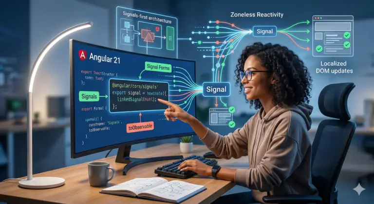 A high-tech workspace showing a female software engineer interacting with a large monitor displaying Angular 21 code. The screen highlights "Signals-first architecture," "Signal Forms," and "Zoneless Reactivity" with vibrant, glowing data flow visualizations.