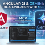 A futuristic infographic showcasing Angular 21, the Model Context Protocol (MCP) digital bridge, and Google Gemini AI working together. It highlights terminal commands like 'ng generate ai-config' and 'ng mcp', and architectural pillars like Signals, Standalone, and Zoneless. The background shows a modern coding interface on a laptop.