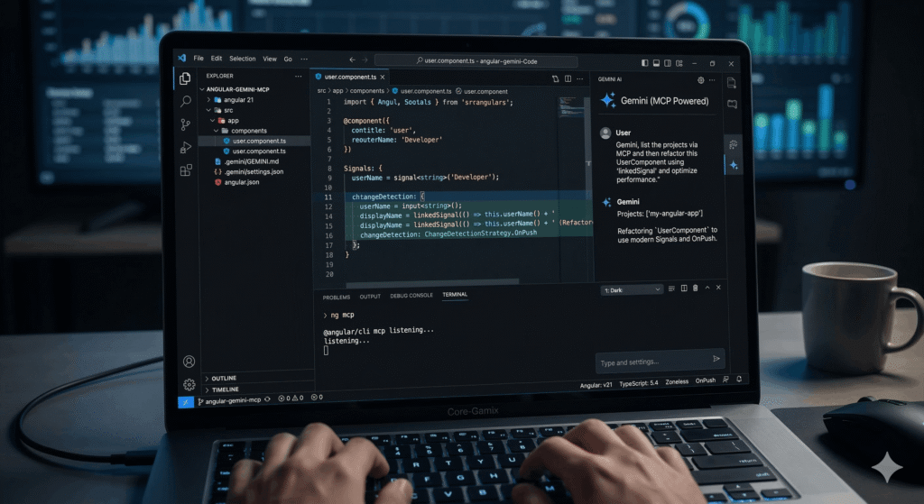 A screenshot of Visual Studio Code in dark mode, actively running an Angular 21 project titled 'angular-gemini-mcp'. The file explorer shows crucial files like '.gemini/settings.json'. The main editor shows modern TypeScript code using Signals, while the sidebar features an 'MCP Powered' Gemini AI chat panel suggesting refactoring code based on the project context.