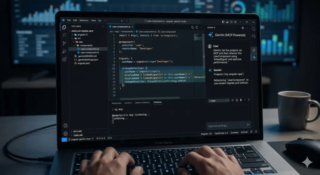 A screenshot of Visual Studio Code in dark mode, actively running an Angular 21 project titled 'angular-gemini-mcp'. The file explorer shows crucial files like '.gemini/settings.json'. The main editor shows modern TypeScript code using Signals, while the sidebar features an 'MCP Powered' Gemini AI chat panel suggesting refactoring code based on the project context.