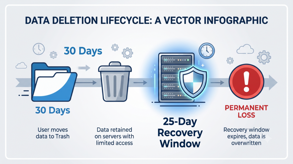 Timeline chart explaining the 25-day recovery window for deleted Google Drive data.
