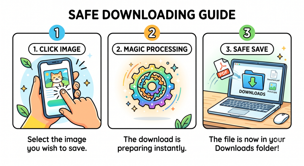 Simplified steps showing how a single click saves an image to a computer.