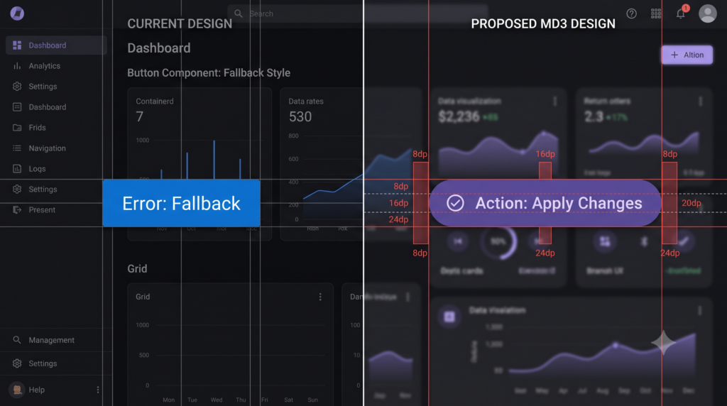 Split screen comparison of Angular Material button color fallback mechanics.