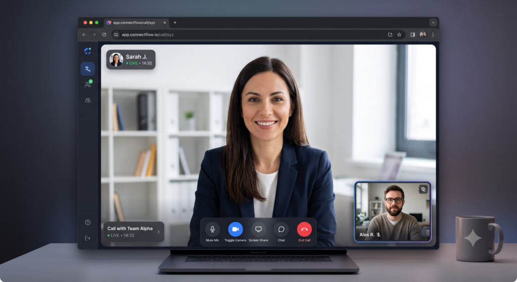 Video calling interface showing a local and remote video feed built with Angular.