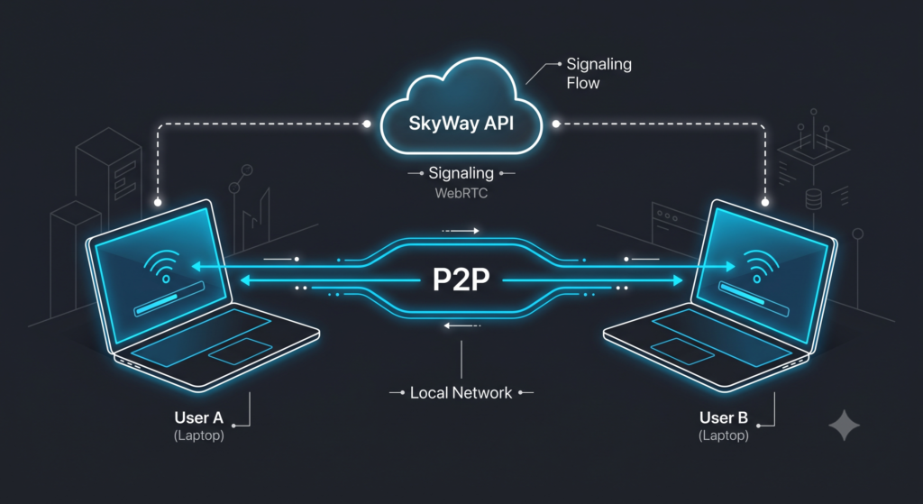 Architecture diagram showing a peer-to-peer WebRTC video connection between two browsers.