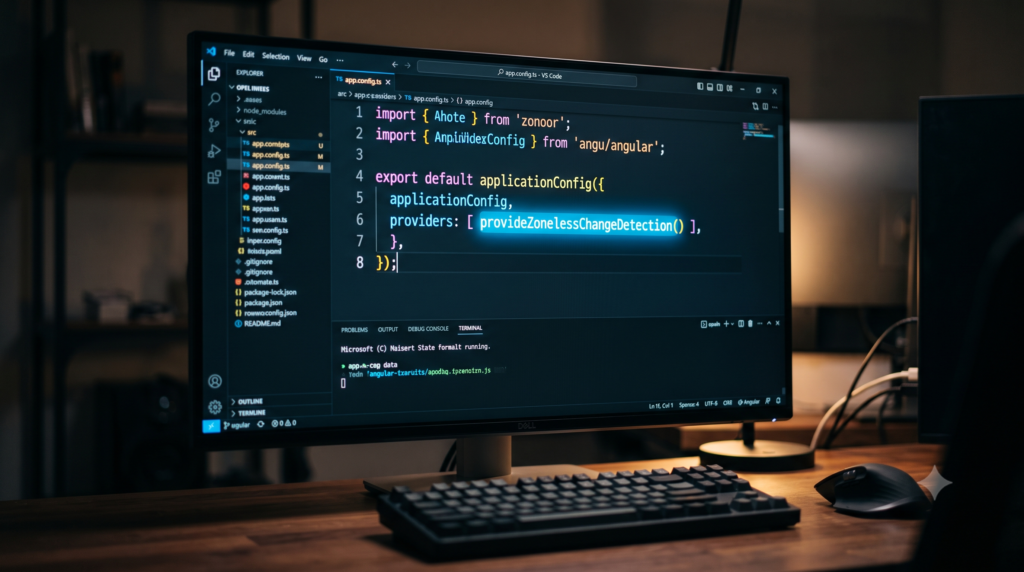 Code editor showing provideZonelessChangeDetection in Angular