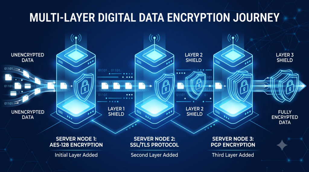 Diagram showing data passing securely through three encrypted Tor nodes.