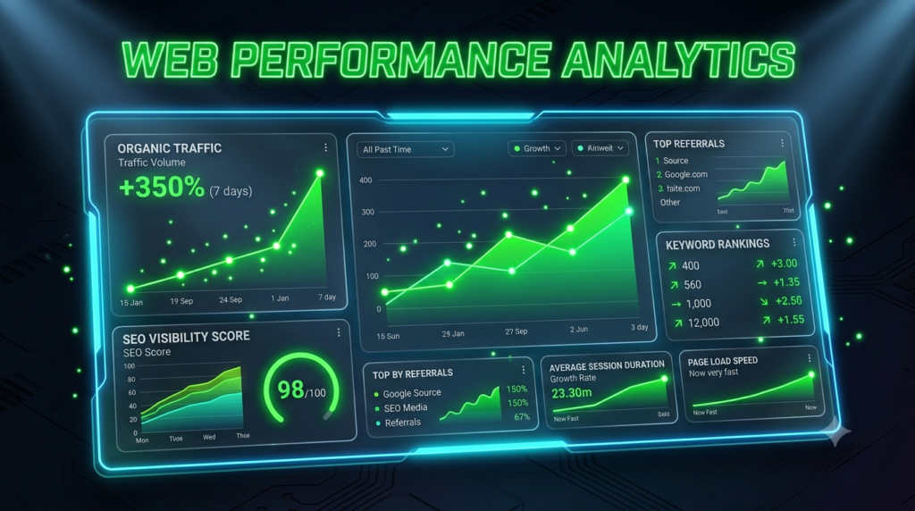 SEO dashboard showing improved Core Web Vitals and page speed metrics after image optimization.