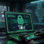 A secure laptop displaying the Tor onion logo on a digital map of India.
