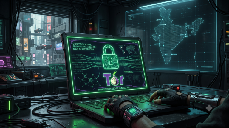 A secure laptop displaying the Tor onion logo on a digital map of India.