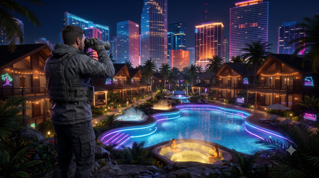 Jason using binoculars in the GTA 6 Nudity town