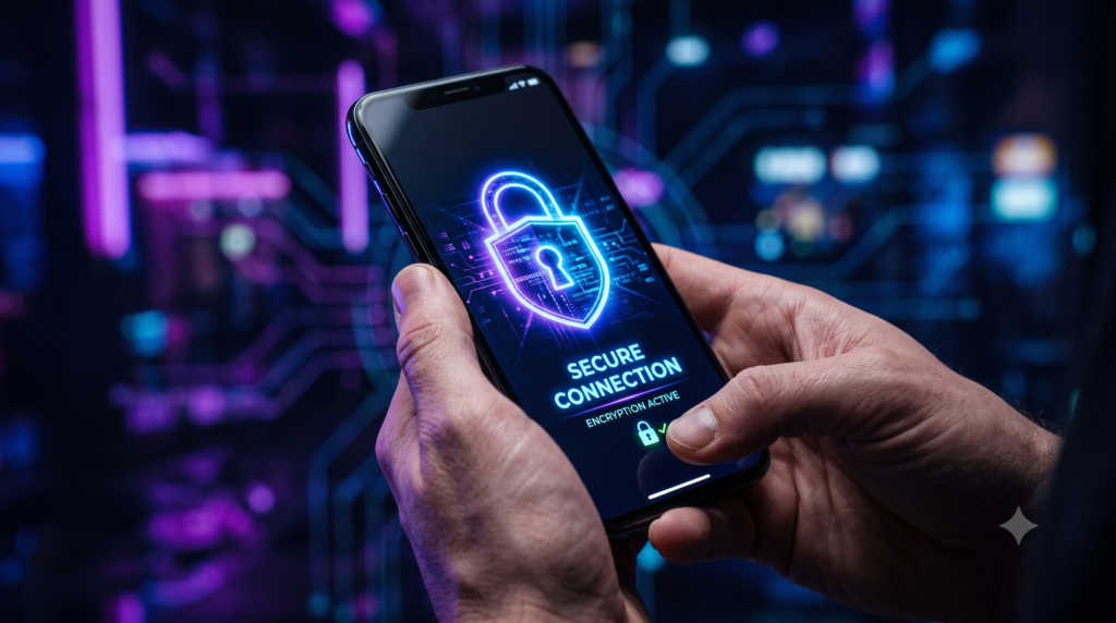 A user browsing securely on a mobile phone with a digital lock icon.