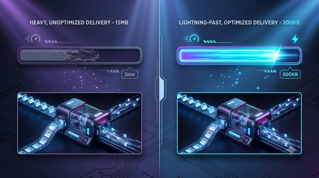 Comparison of a slow-loading unoptimized image versus a fast-loading image compressed by Media Condenser.