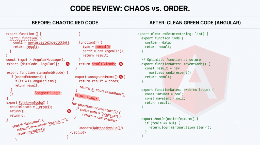 Comparison of complex custom HTML versus clean code for Angular Aria components