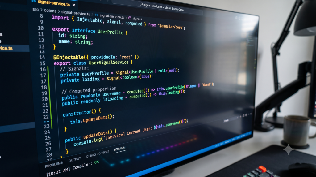 Code editor interface displaying TypeScript implementation of Angular httpResource with reactive UI output.