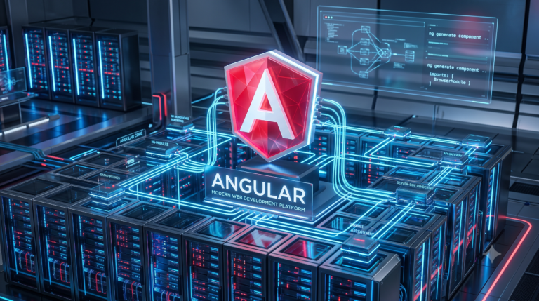 Angular incremental hydration concept with glowing data streams.
