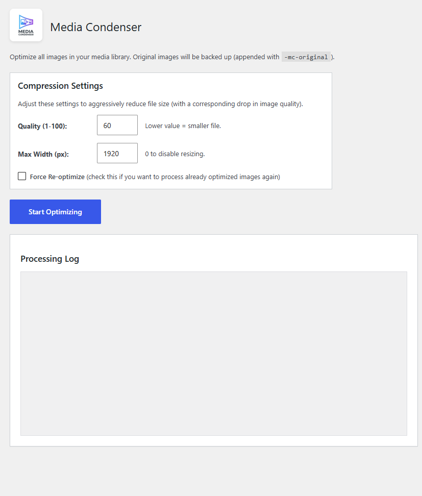 The Media Condenser By Core Gamix settings dashboard showing Quality and Max Width controls.
