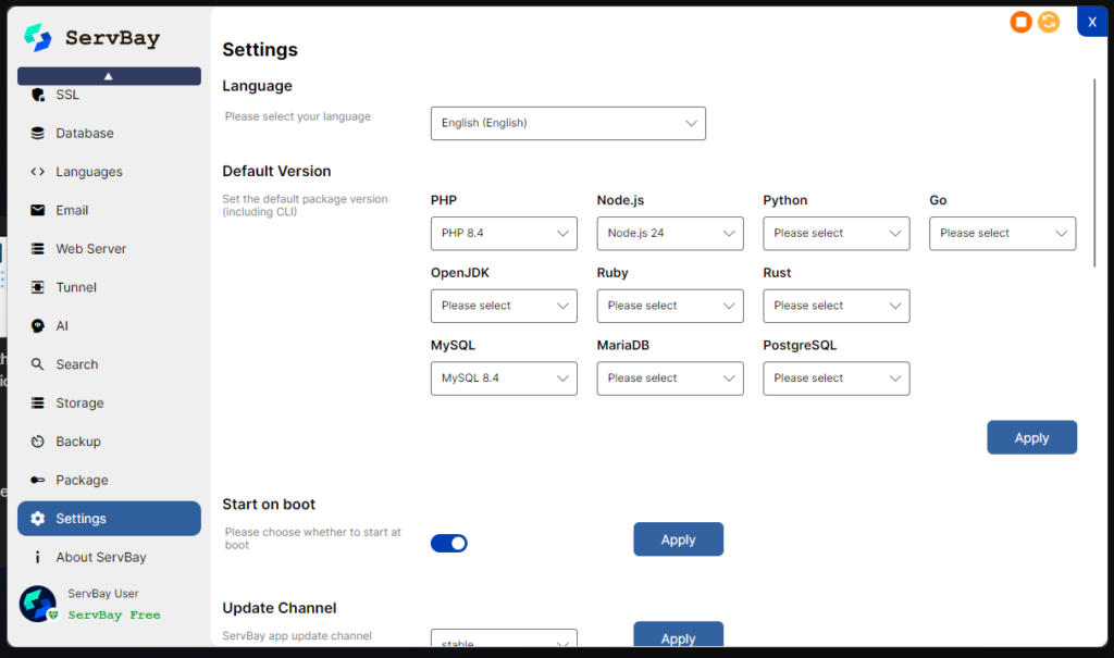 ServBay settings menu showing package version configuration for PHP, Node.js, Python, and databases