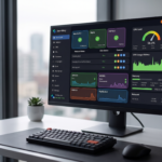 A detailed view of the ServBay software application dashboard on a curved monitor, showing website status, multi-service statuses (Apache, Nginx, PHP, MySQL), and real-time performance metrics for CPU load, memory, storage, and network speed.