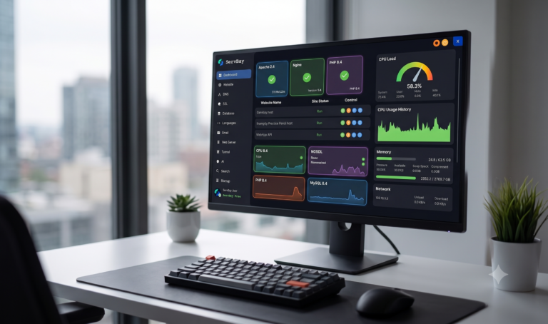 A detailed view of the ServBay software application dashboard on a curved monitor, showing website status, multi-service statuses (Apache, Nginx, PHP, MySQL), and real-time performance metrics for CPU load, memory, storage, and network speed.